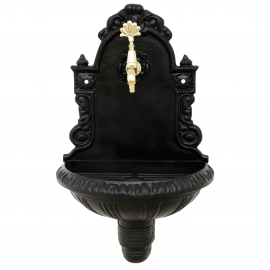 EmpireBlack Duvar Tipi Bahçe Çeşmesi – Mat Siyah Döküm, Altın Gold Musluklu Lüks Model