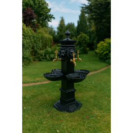 QuadLion Döküm Bahçe Çeşmesi – Aslan Başlı 4 Musluklu, Yerden Sabit Anıt Tasarım