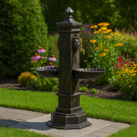 BronzeTwin İkili Döküm Bahçe Çeşmesi – Antik Aslan Figürlü, Yerden Sabit Şık Tasarım