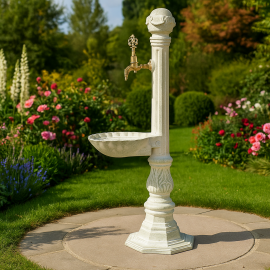 IvoryCast Döküm Bahçe Çeşmesi – Beyaz Renkli Yerden Sabit, Antik Musluklu Model