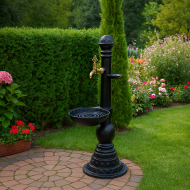 EleganceCast Desenli Döküm Bahçe Çeşmesi – Siyah Renkli Yerden Sabit Antik Musluklu Model
