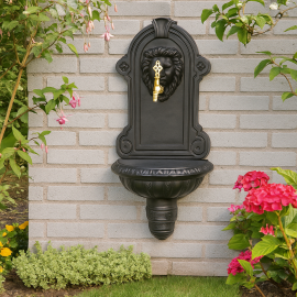 WallLion Döküm Duvar Tipi Bahçe Çeşmesi – Aslan Figürlü, Siyah Antik Musluklu Model