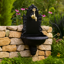 EmpireBlack Duvar Tipi Bahçe Çeşmesi – Mat Siyah Döküm, Altın Gold Musluklu Lüks Model
