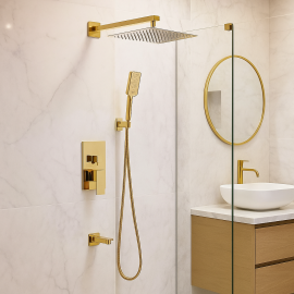 GoldCube Kare Ankastre Duş Seti – Altın Renkli, Geniş Kare Başlıklı, Gömme Montajlı