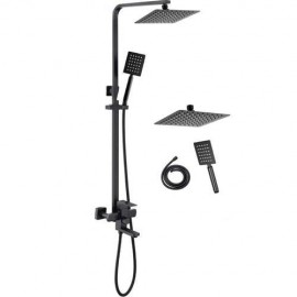 SteelFlow Mat Siyah Kare Başlıklı Bataryalı Tepe Duş Seti – 20x20 Metal Başlık, Kare El Duşlu