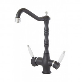 Mat Siyah Krom Rustik Arıtmalı Eviye Bataryası – Porselen Kollu Döner Borulu