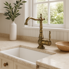 Antik Eskitme Retro Mutfak Eviye Bataryası – Klasik Tek Kollu, Pirinç Gövde, Su Tasarruflu