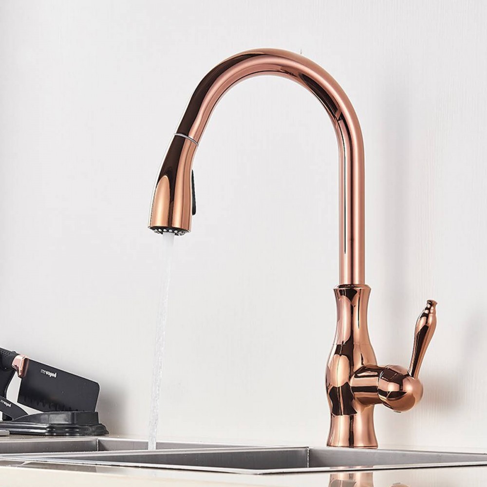 Rose Gold Bakır Spiralli Mutfak Eviye Bataryası – Çekilebilir Başlıklı, Klasik Gövde, Parlak Kaplama