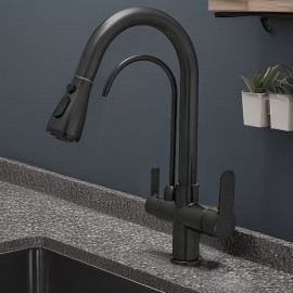 Mat Siyah 3 Yollu Spiralli Arıtmalı Mutfak Eviye Bataryası – Çift Çıkışlı, Çekilebilir Başlıklı, Modern Tasarım