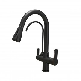 Mat Siyah 3 Yollu Spiralli Arıtmalı Mutfak Eviye Bataryası – Çift Çıkışlı, Çekilebilir Başlıklı, Modern Tasarım