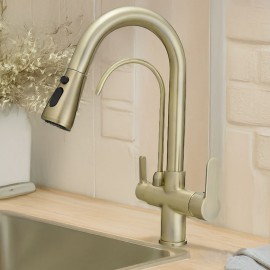 Antik Eskitme 3 Yollu Spiralli Arıtmalı Mutfak Eviye Bataryası – Çift Çıkışlı, Çekilebilir Başlıklı, Pirinç Gövde