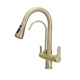 Antik Eskitme 3 Yollu Spiralli Arıtmalı Mutfak Eviye Bataryası – Çift Çıkışlı, Çekilebilir Başlıklı, Pirinç Gövde