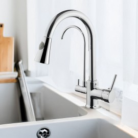 Krom 3 Yollu Spiralli Arıtmalı Mutfak Eviye Bataryası – Çift Çıkışlı, Çekilebilir Başlıklı, Parlak Pirinç Gövde