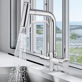 Kare Krom 3 Yollu Spiralli Arıtmalı Mutfak Eviye Bataryası – Köşeli Tasarım, Çekilebilir Başlıklı, Çift Çıkışlı