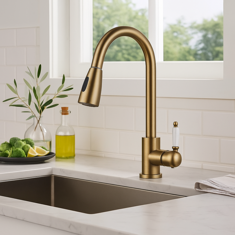 Belora Antik Eskitme Porselen Kollu Spiralli Eviye Bataryası – 360° Döner, Çekilebilir Başlıklı, Su Tasarruflu