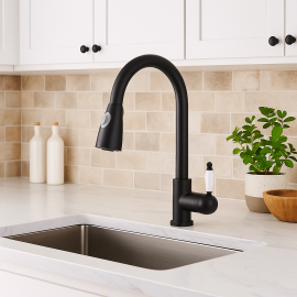 Belora Mat Siyah Porselen Kollu Spiralli Eviye Bataryası – 360° Döner, Çekilebilir Başlıklı, Su Tasarruflu