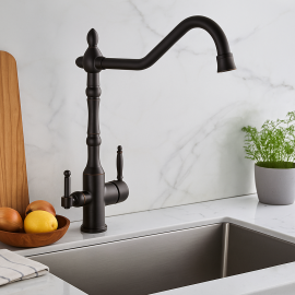 RetroMat Arıtmalı Mat Siyah Eviye Bataryası – Çift Kollu, 360° Döner Borulu