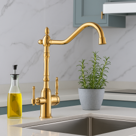 RetroMat Arıtmalı Gold Altın Eviye Bataryası – Çift Kollu, 360° Döner Borulu