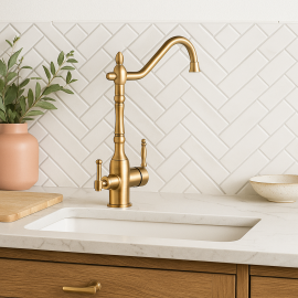 RetroMat Arıtmalı Antik Eskitme Eviye Bataryası – Çift Kollu, 360° Döner Borulu