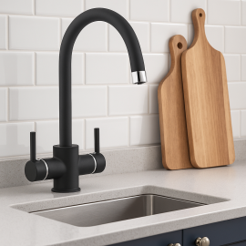 BlackFlow Arıtmalı Mat Siyah Eviye Bataryası – 360° Döner Başlık, Su Tasarruflu