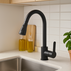 FlexBlack 360 Spiralli Oynar Borulu Mat Siyah Eviye Bataryası - Pirinç Gövde