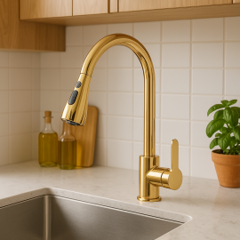 FlexGold 360 Spiralli Oynar Borulu Altın Eviye Bataryası - Pirinç Gövde