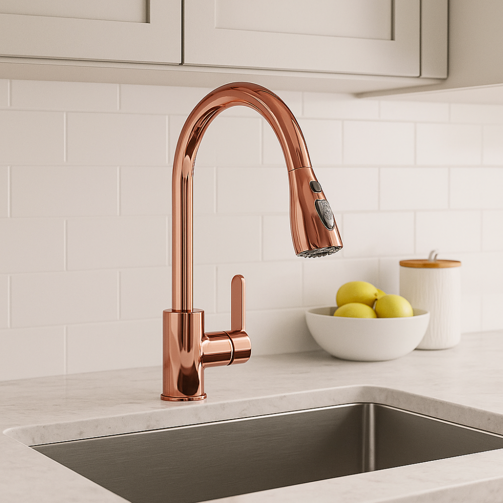 FlexRose 360 Spiralli Oynar Borulu Rose Gold Bakır Eviye Bataryası - Pirinç Gövde