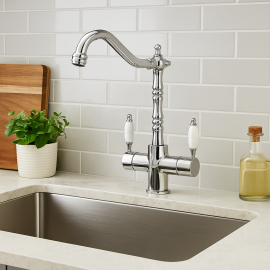 Krom Rustik Arıtmalı Eviye Bataryası – Porselen Kollu Döner Borulu