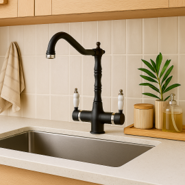 Mat Siyah Krom Rustik Arıtmalı Eviye Bataryası – Porselen Kollu Döner Borulu