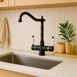 Mat Siyah Rustik Arıtmalı Eviye Bataryası – Porselen Kollu Döner Borulu