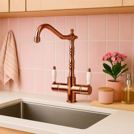 Rose Gold Bakır Rustik Arıtmalı Eviye Bataryası – Porselen Kollu Döner Borulu