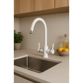 PureFlow Arıtmalı Mat Beyaz Eviye Bataryası – 360° Döner Başlık, Su Tasarruflu