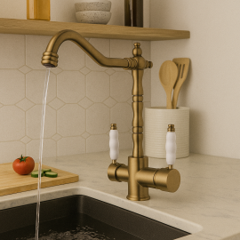 Mat Gold Altın Rustik Arıtmalı Eviye Bataryası – Porselen Kollu Döner Borulu