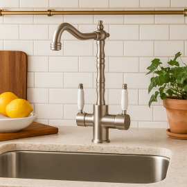 Saten İnox Rustik Arıtmalı Eviye Bataryası – Porselen Kollu Döner Borulu