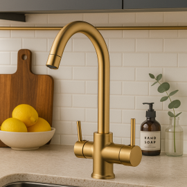 MatteGoldFlow Arıtmalı Mat Gold Altın Eviye Bataryası – 360° Döner Başlık, Su Tasarruflu