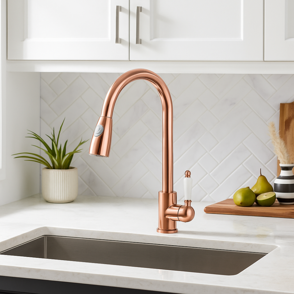 Belora Rose Gold Bakır Porselen Kollu Spiralli Eviye Bataryası – 360° Döner, Çekilebilir Başlıklı, Su Tasarrufl Belora Rose Gold Bakır Porselen Kollu Spiralli Eviye Bataryası – 360° Döner, Çekilebilir Başlıklı, Su Tasarrufl