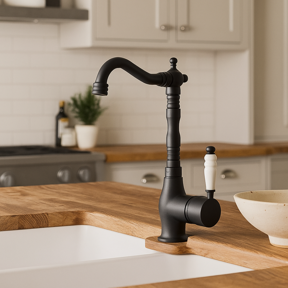 Valente Mat Siyah Eviye Bataryası – 360° Döner Borulu, Su Tasarruflu Valente Mat Siyah Eviye Bataryası – 360° Döner Borulu, Su Tasarruflu