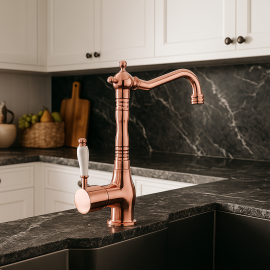 Valente Rose Gold Bakır Eviye Bataryası – 360° Döner Borulu, Su Tasarruflu