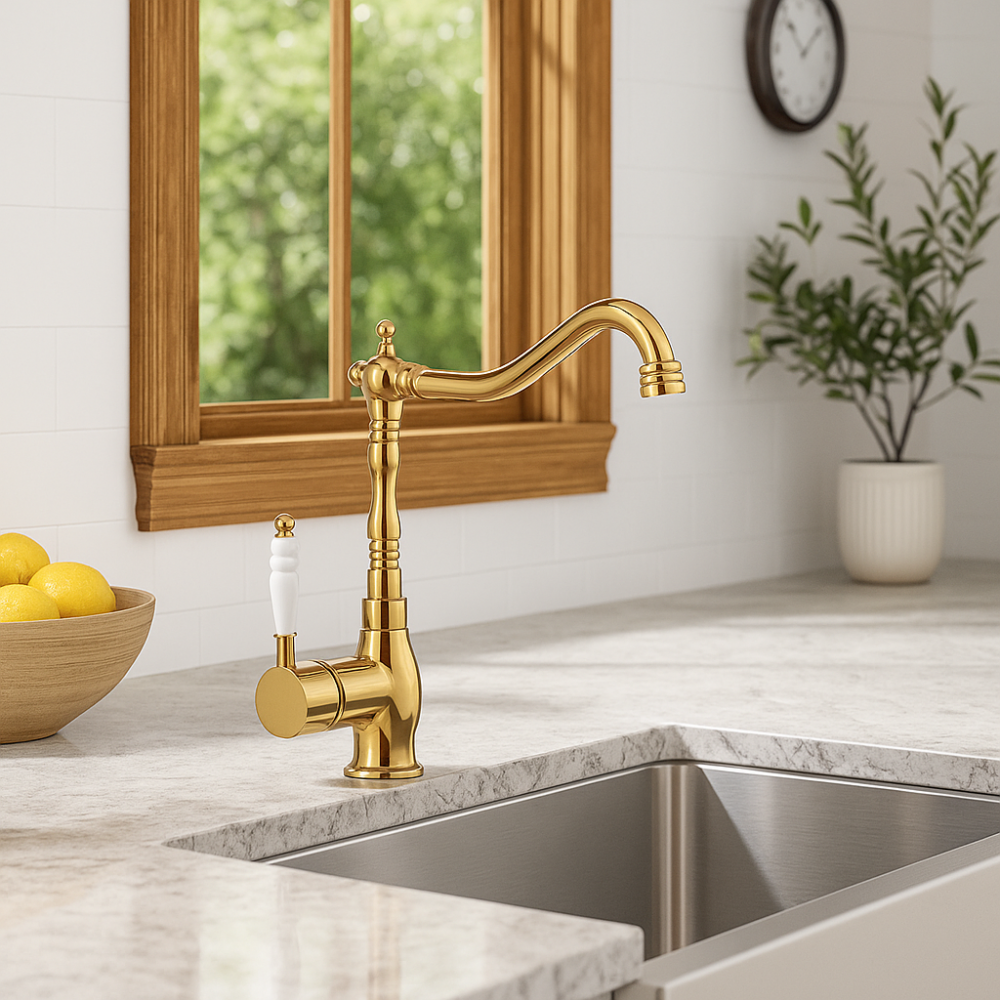 Valente Gold Altın Eviye Bataryası – 360° Döner Borulu, Su Tasarruflu Valente Gold Altın Eviye Bataryası – 360° Döner Borulu, Su Tasarruflu