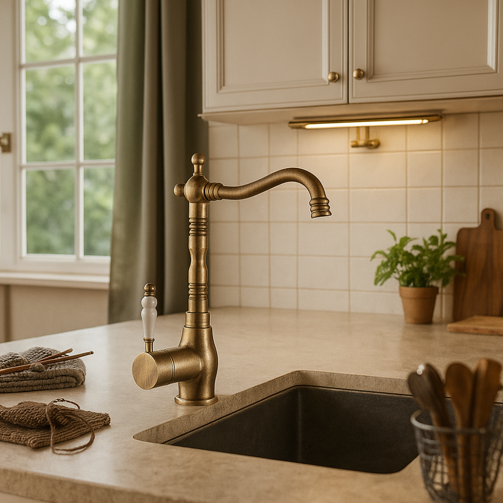 Valente Antik Eskitme Eviye Bataryası – 360° Döner Borulu, Su Tasarruflu Valente Antik Eskitme Eviye Bataryası – 360° Döner Borulu, Su Tasarruflu