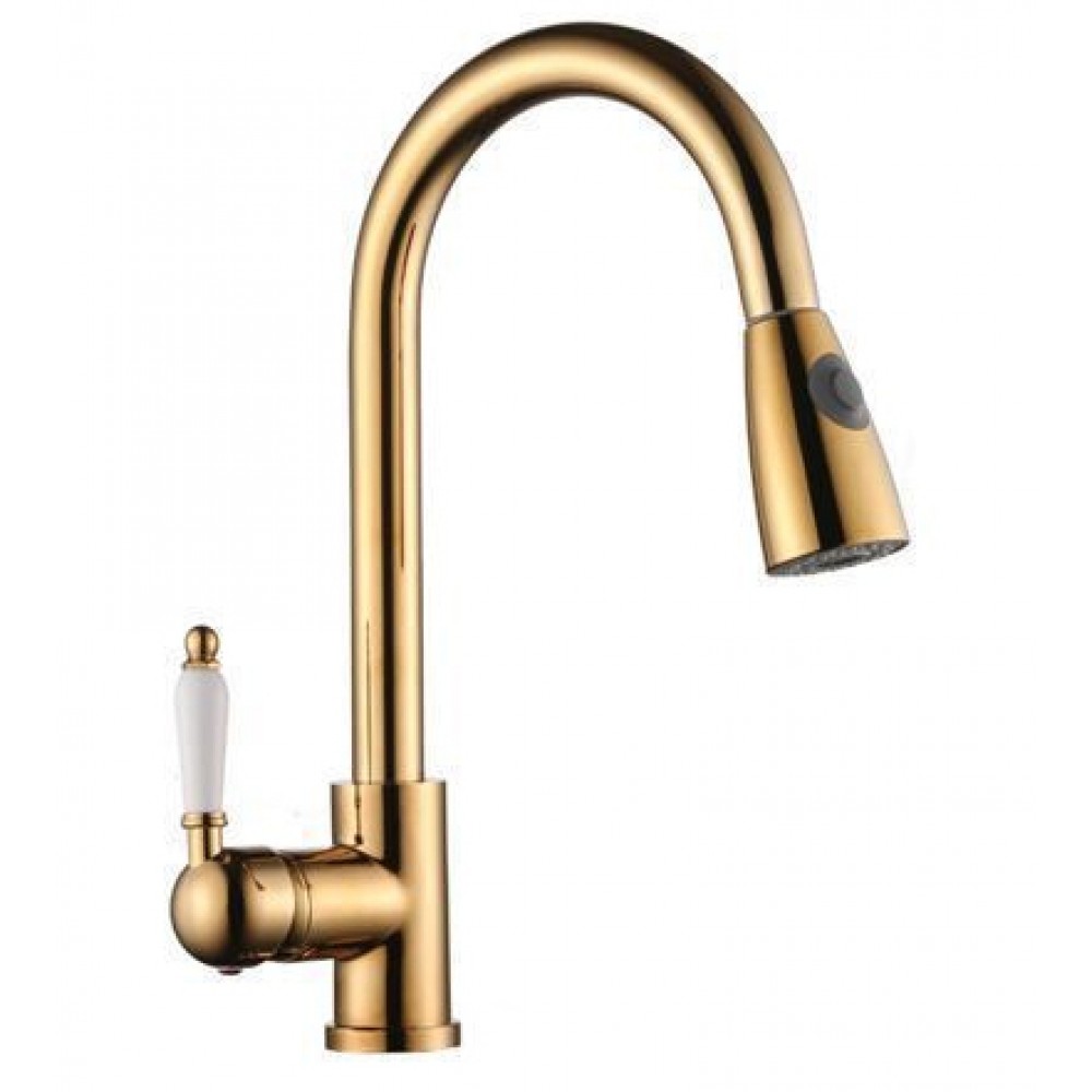 Belora Gold Altın Porselen Kollu Spiralli Eviye Bataryası – 360° Döner, Çekilebilir Başlıklı, Su Tasarruflu