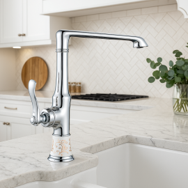 Saray Krom Seramik Desenli Mutfak Bataryası – 360° Döner Borulu, Su Tasarruflu