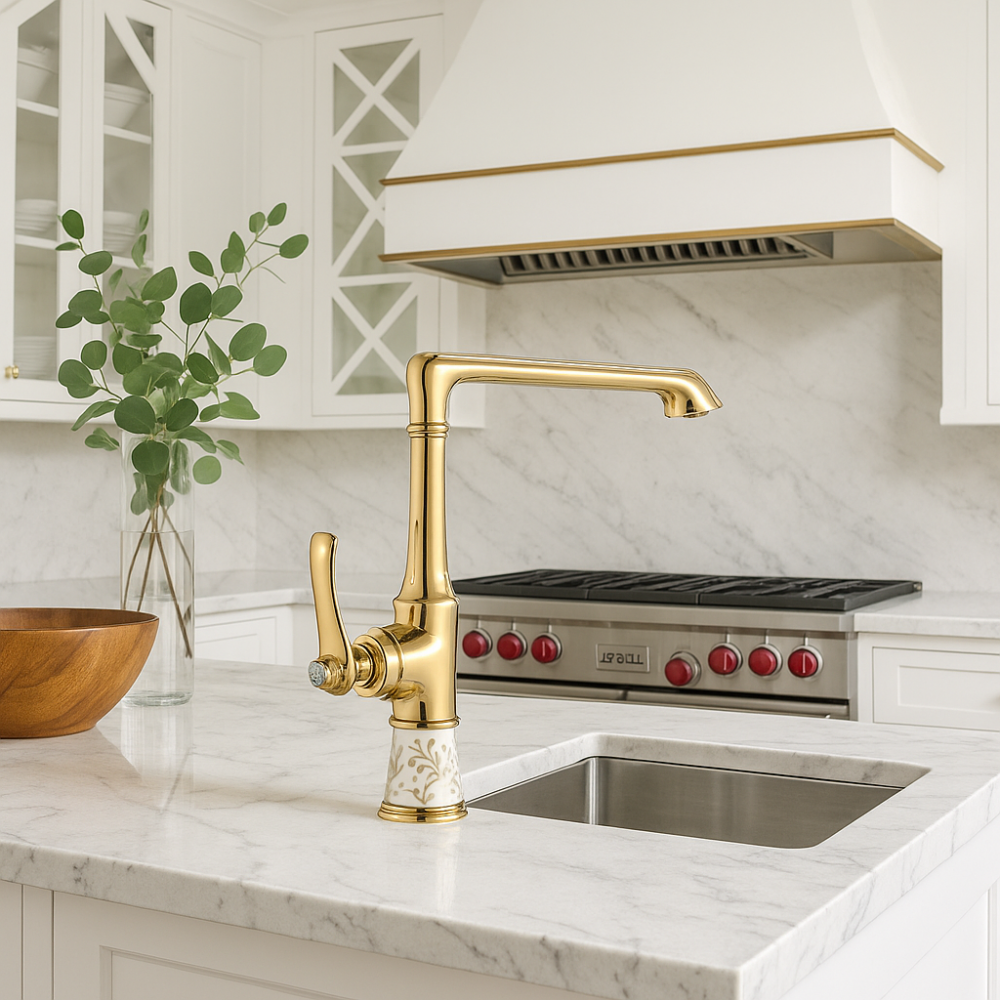 Saray Gold Altın Seramik Desenli Mutfak Bataryası – 360° Döner Borulu, Su Tasarruflu