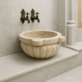 Traverten Çiçek Form Mermer Hamam Kurnası – Klasik Tasarım (45x45x25 cm)