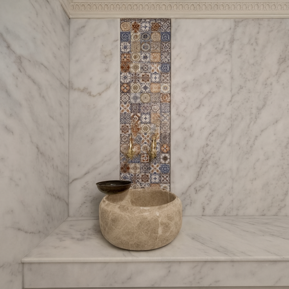 Traverten Silindirik Mermer Hamam Kurnası – Doğal Form (40x40x25 cm)