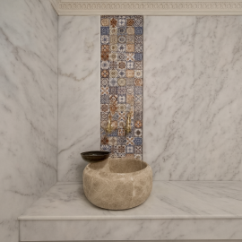 Traverten Silindirik Mermer Hamam Kurnası – Doğal Form (40x40x25 cm)