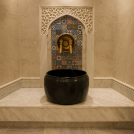 Siyah Silindirik Mermer Hamam Kurnası – Özel Tasarım (45x45x25 cm)