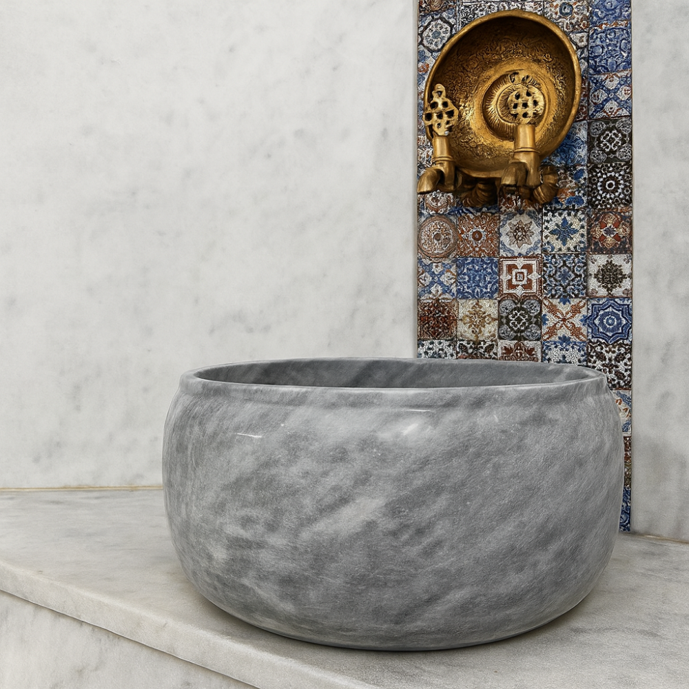 Gri Doğal Mermer Hamam Kurnası – Silindirik Form (40x40x25 cm)