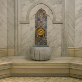 Gri Çizgili Silindirik Mermer Hamam Kurnası – Modern Form (40x40x25 cm)