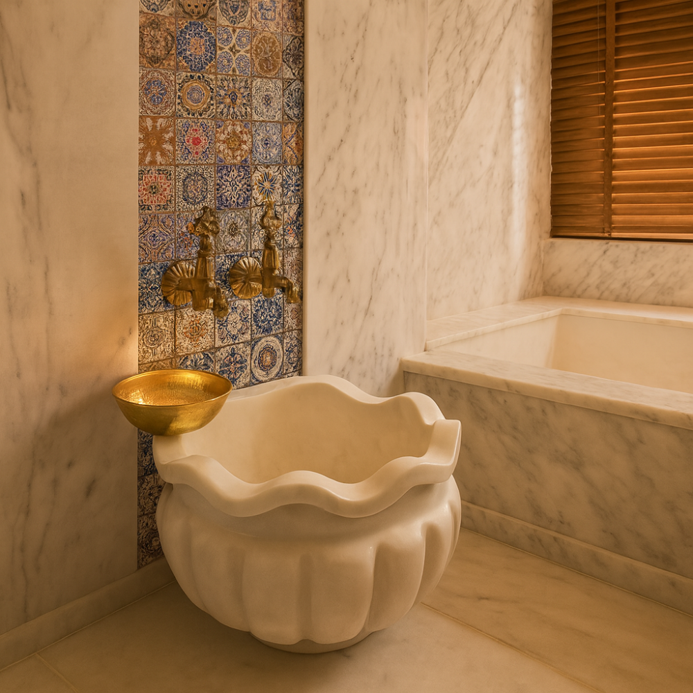 Beyaz Dalgalı Çiçek Form Mermer Hamam Kurnası – Otantik Tasarım (45x45x25 cm)